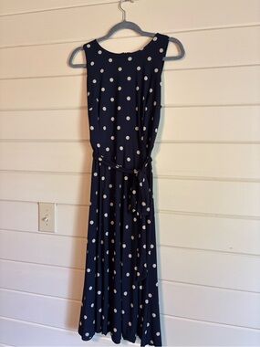 Anne Klein Navy Polka Dot Sleeveless Belted Midi Dress